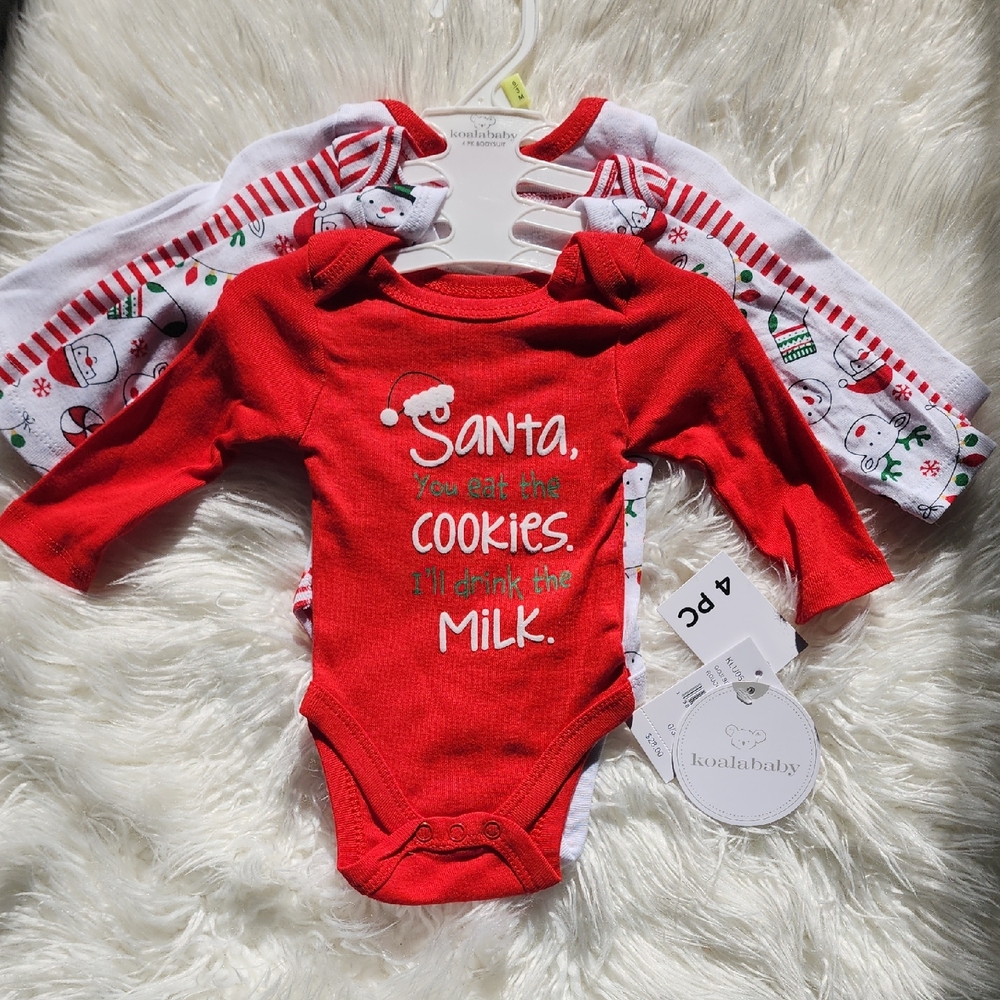 SOLD!!!NWT 4 Piece Koala Kids Red and White Santa Bodysuit. Size 3-6M